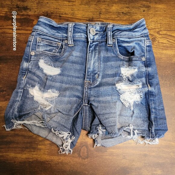 American Eagle Hi Rise Shortie Size 0 Next Level Stretch Medium Dark Wash Denim - Picture 1 of 11